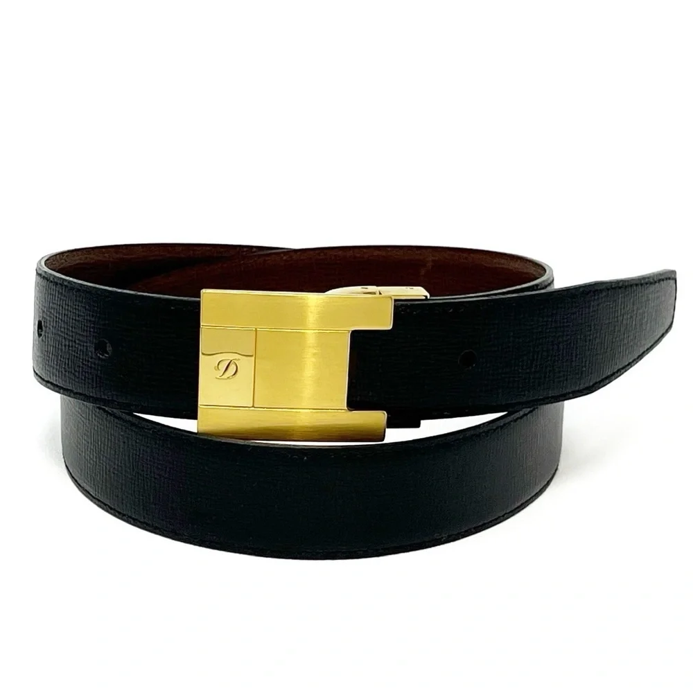 S.T. Dupont Paris Men’s Reversible Black Brown Leather Belt Size 33 Gold Buckle
